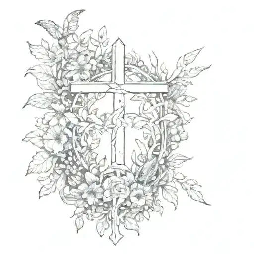 A sketch of a nature scene with animals and flowers forming a cross in the center tattoo design idea