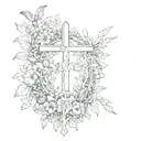 A sketch of a nature scene with animals and flowers forming a cross in the center tattoo design idea