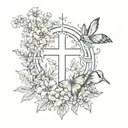 A sketch of a nature scene with animals and flowers forming a cross in the center tattoo design idea
