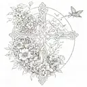 A sketch of a nature scene with animals and flowers forming a cross in the center tattoo design idea