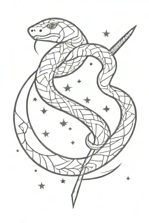 snake wrapped around sword with crescent moon surrounded by stars  tattoo design idea