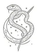 snake wrapped around sword with crescent moon surrounded by stars  tattoo design idea