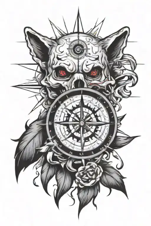 Skull Compass and wolf tattoo design idea