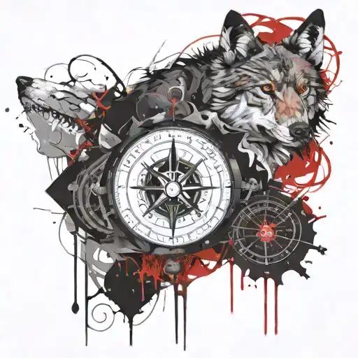 Skull Compass and wolf tattoo design idea