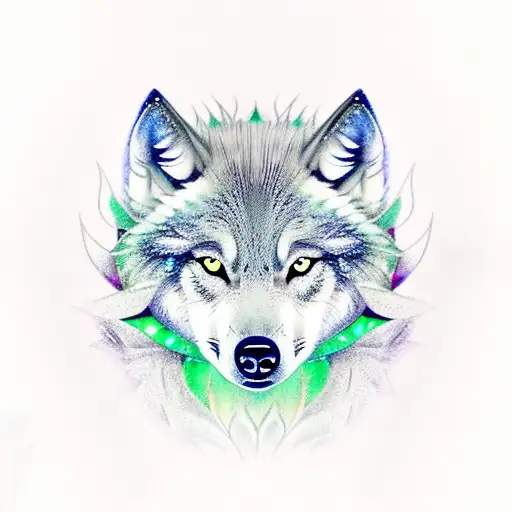 A grey blonde wolf with silver scales mixed with her fur and green dragon wings on her back. tattoo design idea