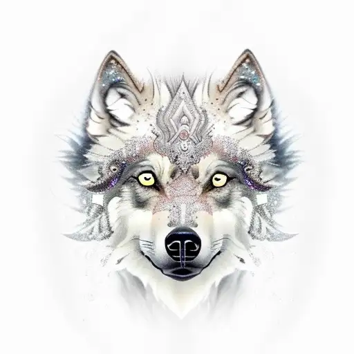 A grey, brown, and blonde wolf with silver glitter scales mixed with her fur and western dragon wings on her back. tattoo design idea