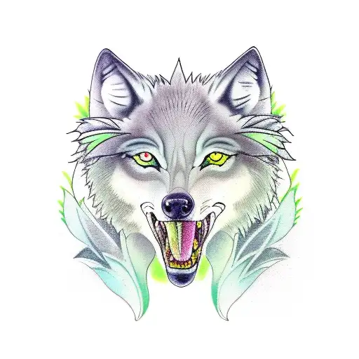 A grey blonde wolf with silver scales mixed with her fur and green dragon wings on her back. tattoo design idea