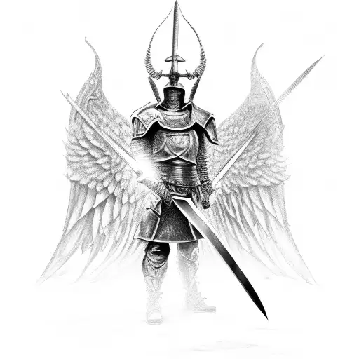 armoured men standing holding a swordin front with both hand with wings  tattoo design idea