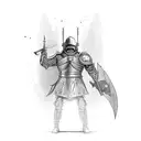 armoured men standing holding a swordin front with both hand tattoo design idea