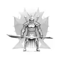 armoured men standing holding a swordin front with both hand tattoo design idea