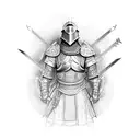 armoured men standing holding a swordin front with both hand tattoo design idea