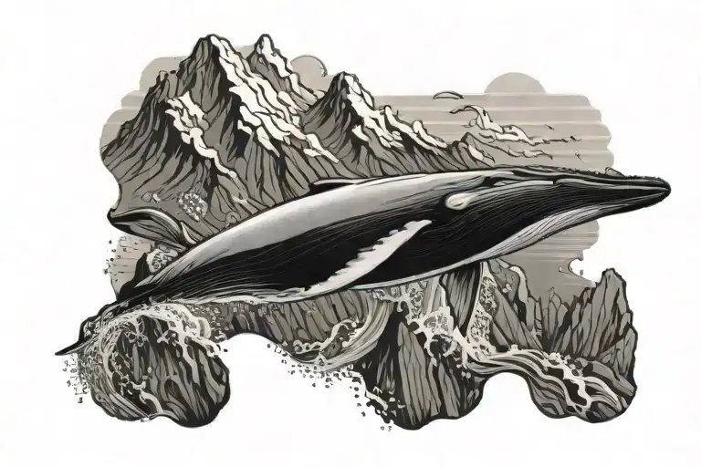 breaching humpback whale with mountain background tattoo design idea