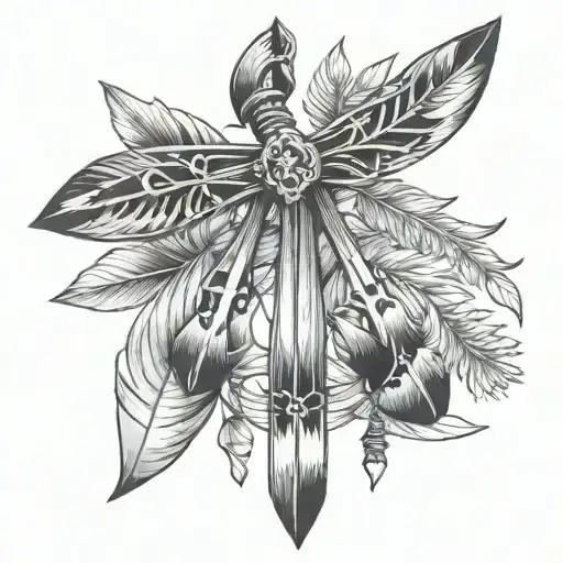 cross bow with greay and black feathers tattoo design idea