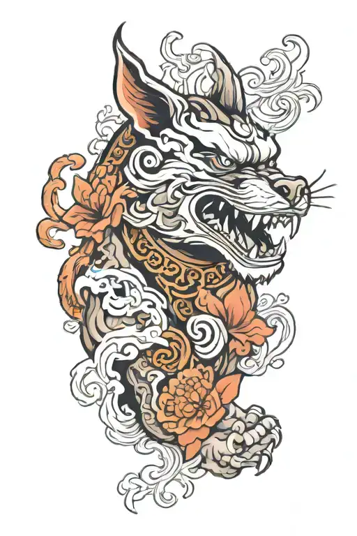 fu dog howling tattoo design idea