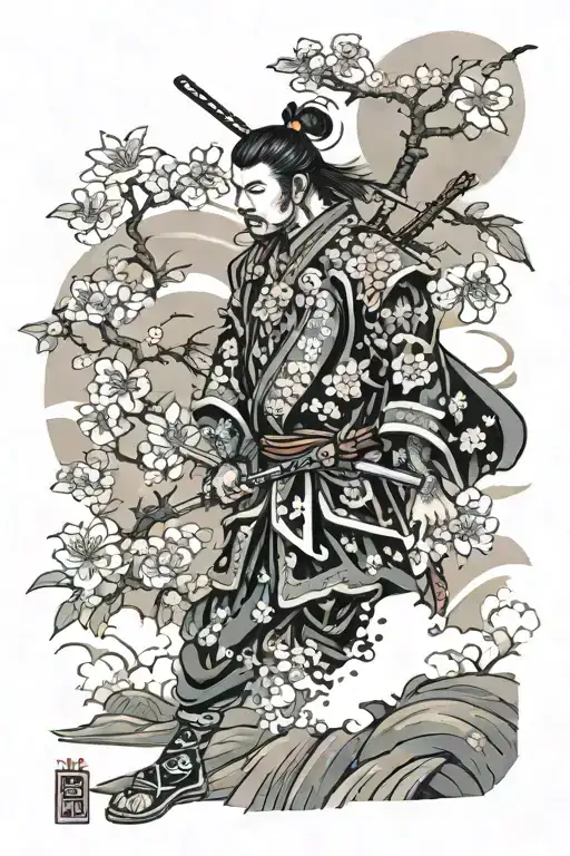 samurai and sakura flowers tattoo design idea