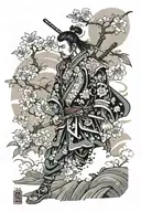 samurai and sakura flowers tattoo design idea