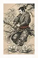 samurai and sakura flowers tattoo design idea
