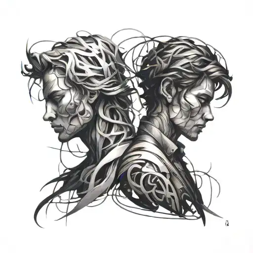 An abstract tattoo of a stranger and a familiar person intertwined in a dance of shadows tattoo design idea
