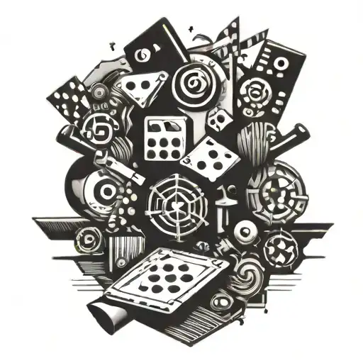 An abstract tattoo design incorporating elements of boardgames, business symbols, and the client's favorite things tattoo design idea