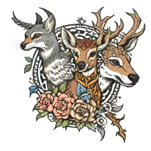 birds, dogs, and deer tattoo design idea