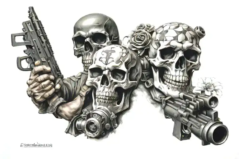 skulls tanks miltary flowers guns engine parachute soldier sniper bombs dogtags cross tattoo design idea