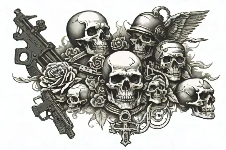 skulls tanks miltary flowers guns engine parachute soldier sniper bombs dogtags cross tattoo design idea