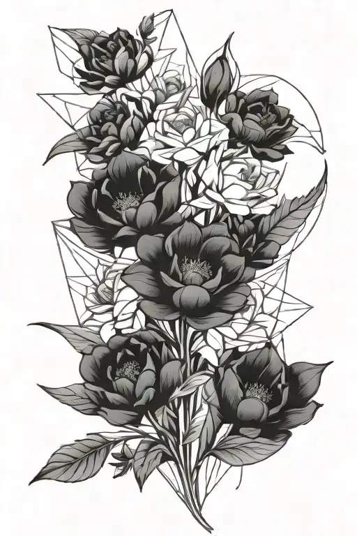 A fine long bouquet of flowers from the birth months of March, August and September tattoo design idea