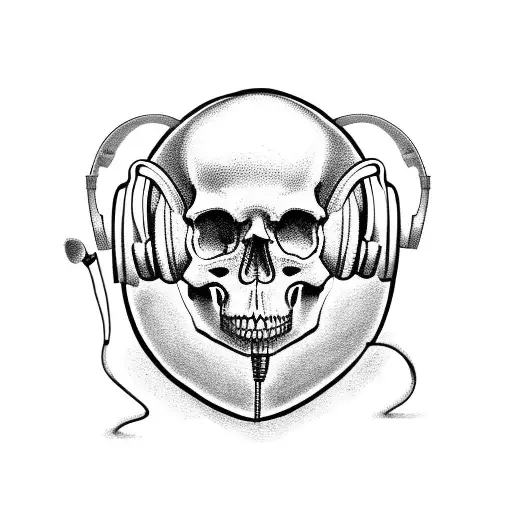 A skull wearing headphones with dollar bills as its teeth tattoo design idea