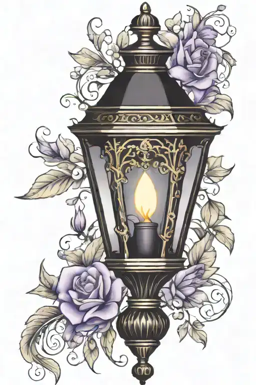 A black lantern with amethyst crystal flame. Entwined in honeysuckle flowers and sting of pearls. The design is in tradi tattoo design idea