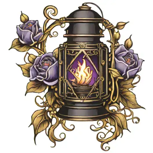 A black lantern with amethyst crystal flame. Entwined in honeysuckle flowers and sting of pearls. The design is in tradi tattoo design idea