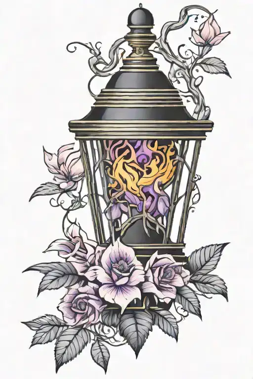 A black lantern with amethyst crystal flame. Entwined in honeysuckle flowers and sting of pearls. The design is in tradi tattoo design idea