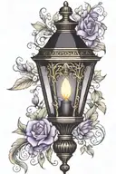 A black lantern with amethyst crystal flame. Entwined in honeysuckle flowers and sting of pearls. The design is in tradi tattoo design idea