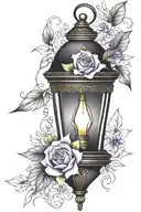 A black lantern with amethyst crystal flame. Entwined in honeysuckle flowers and sting of pearls. The design is in tradi tattoo design idea