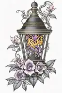 A black lantern with amethyst crystal flame. Entwined in honeysuckle flowers and sting of pearls. The design is in tradi tattoo design idea