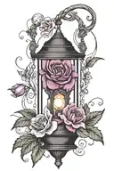 A black lantern with amethyst crystal flame. Entwined in honeysuckle flowers and sting of pearls. The design is in tradi tattoo design idea