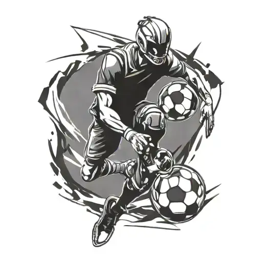 Combine a soccer ball and a Fortnite character in a dynamic action pose tattoo design idea