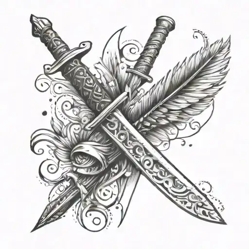 A tattoo of a quill pen and a sword crossed in a dynamic composition tattoo design idea