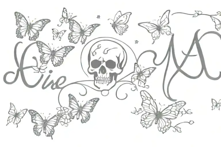 Name with skulls and butterflies surrounding tattoo design idea