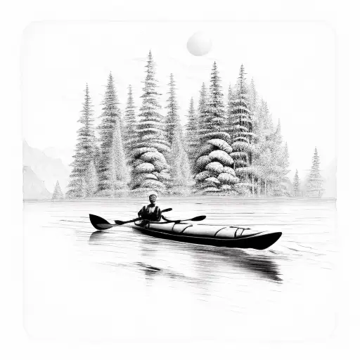 Kayak going down a river in an evergreen forest tattoo design idea