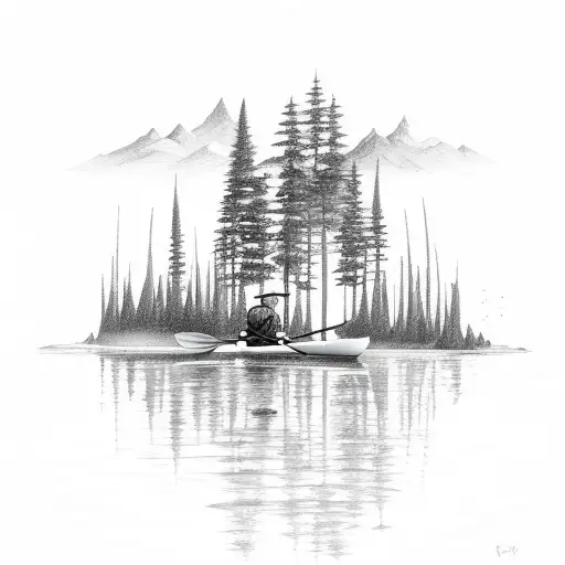 fishing Kayak going down a river in an evergreen forest tattoo design idea