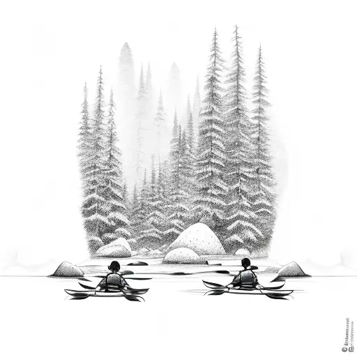 Kayak on a river in an evergreen forest tattoo design idea