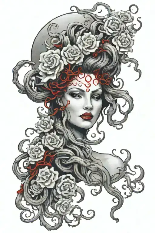 Medusa face, moon flowers around it, elegant. Colors : black, white, grey, and red accents in medusas eyes. tattoo design idea