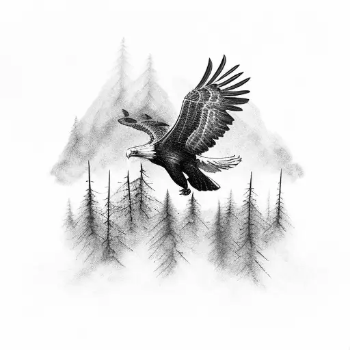 A majestic eagle soaring above a forest, representing the freedom of dance and nature tattoo design idea