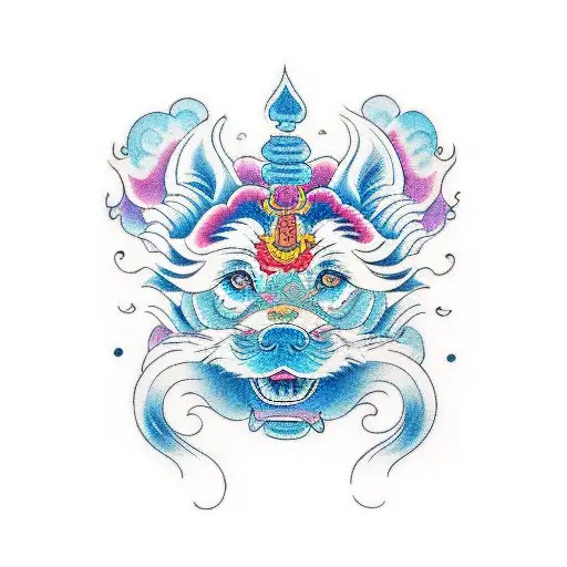 1 male 1 female fu dog in bright colors  tattoo design idea