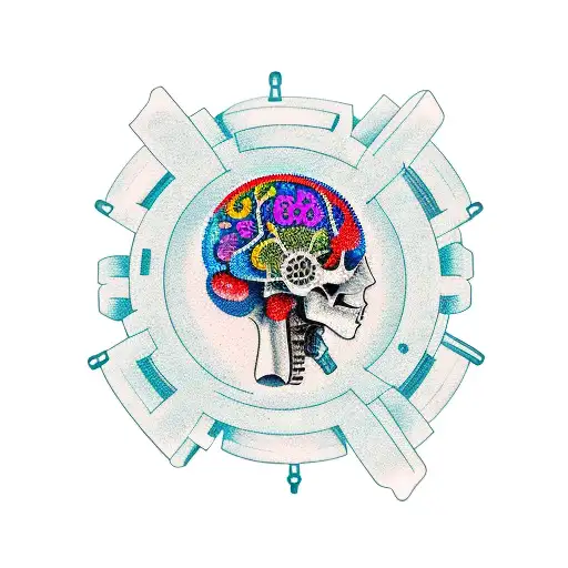 A colorful tattoo of a brain with gears and books as the background, symbolizing the endless pursuit of knowledge tattoo design idea