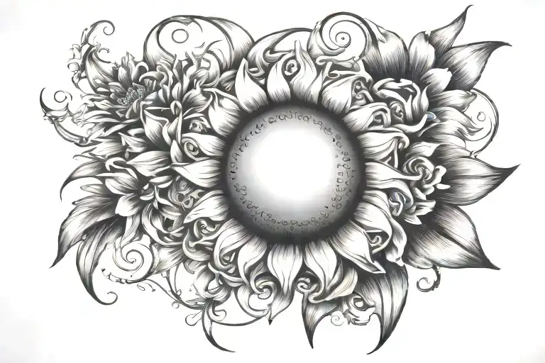 Larger sun and lower flowers tattoo design idea