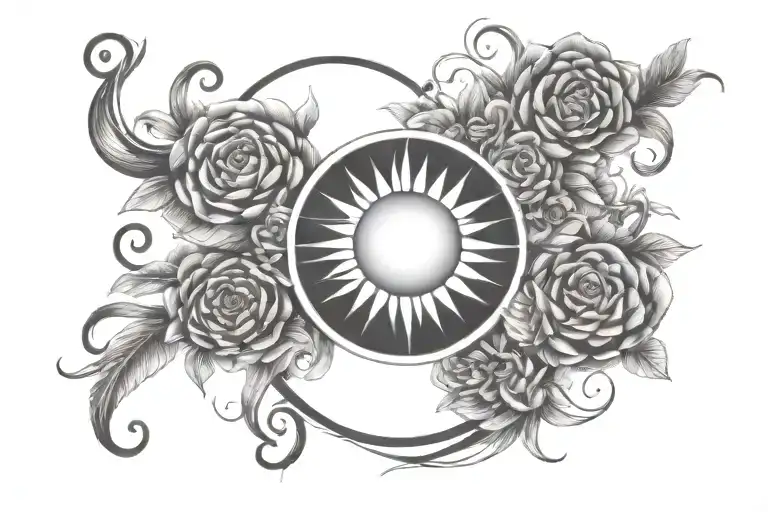 Larger sun and lower flowers tattoo design idea