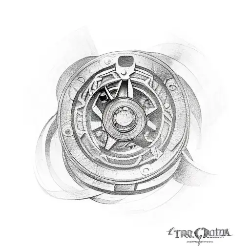 A tattoo design of a movie reel with iconic scenes from Gladiator and Lord of the Rings intertwined tattoo design idea