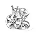 A tattoo design of a movie reel with iconic scenes from Gladiator and Lord of the Rings intertwined tattoo design idea