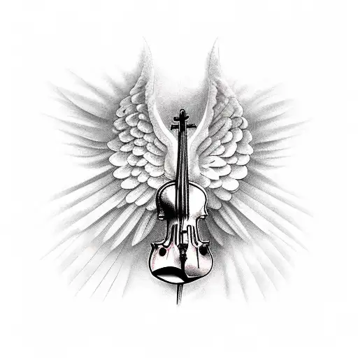 Neck of a violin with angel wings behind it.  tattoo design idea